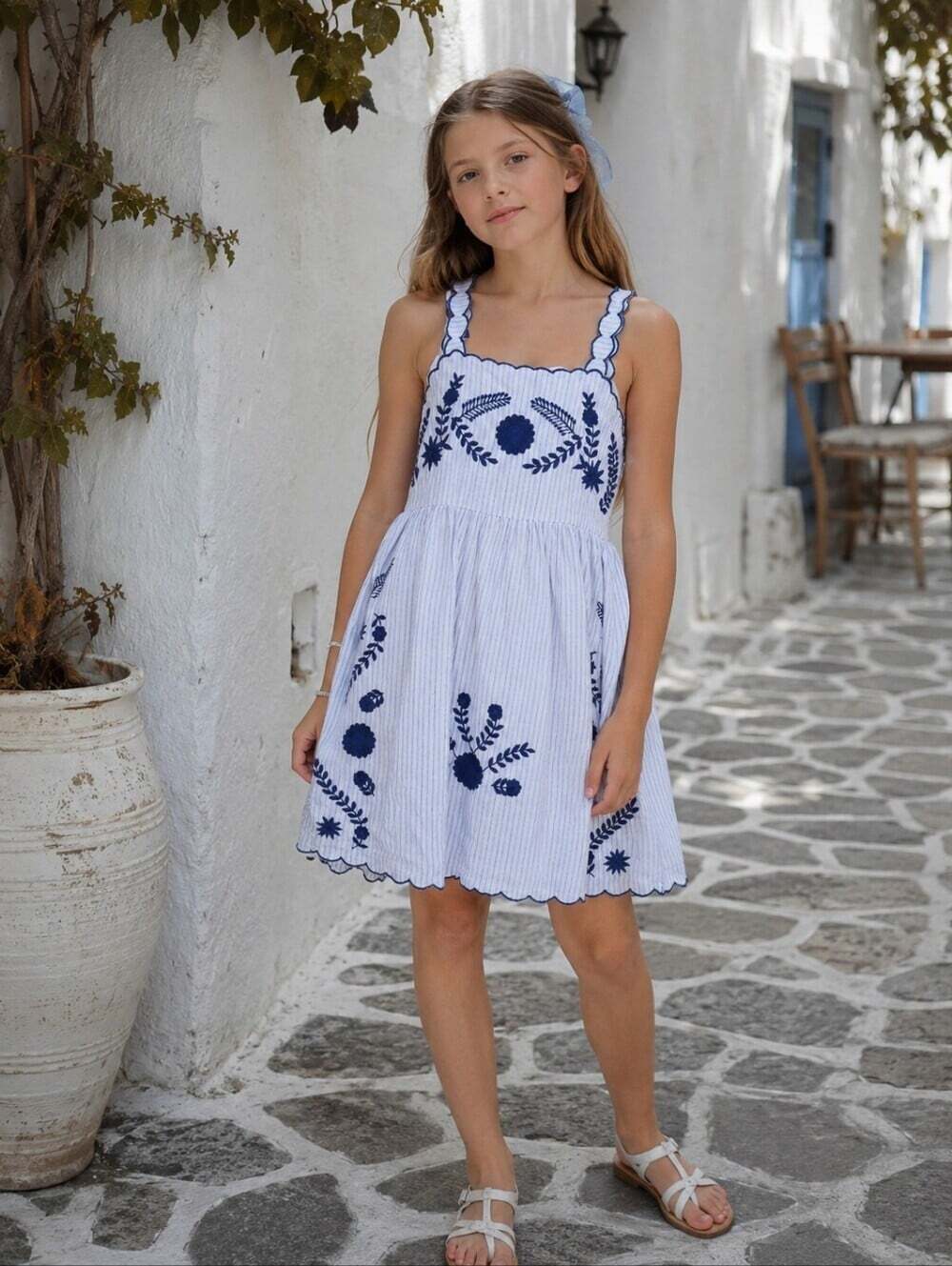 Zara Girls Embroidered Striped Cotton Sundress Blue White 11-12Y Boho Dress